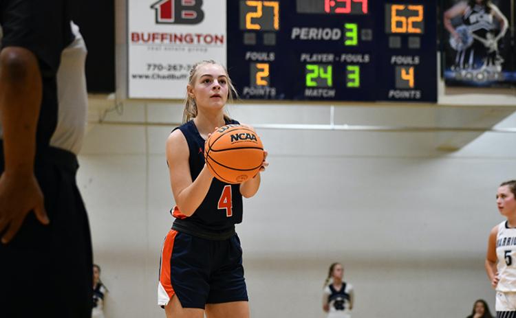 Habersham Central’s Sophie Bramlett lines up a free throw earlier this season. The senior Lady Raider forward has helped lead a young squad into playoff contention. LANG STOREY/Staff