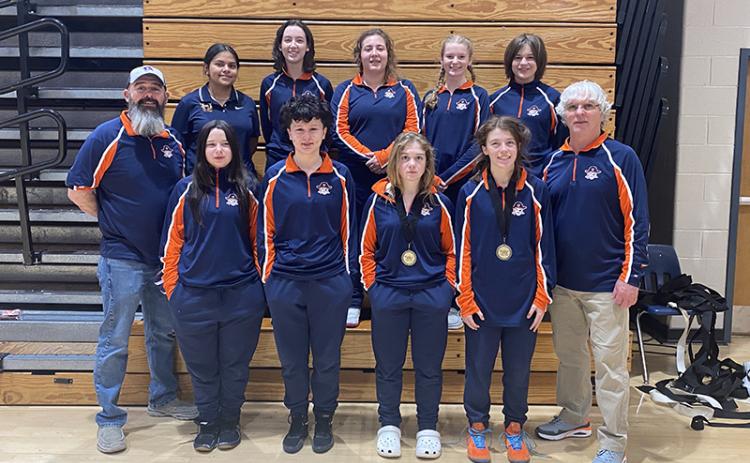 Habersham Central’s girls wrestling team includes (front row, from left) Samara Beck, Gracie Abernathy, McKenzie Spradley and Hayley Speed. Back row are manager Brianna Contreras, Sarah Morris, Melia Mead, Bailey Jones and Michaela Krippner. Coaches are Len King and Morris Brooks. SUBMITTED