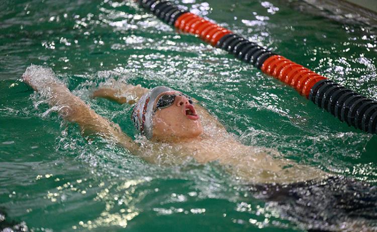 Habersham Central’s Kieran McGarvey catches his breath in the Men’s 100-yard backstroke event last week in the “Hot Chocolate” meet in Clarkesville. ZACH TAYLOR/Special