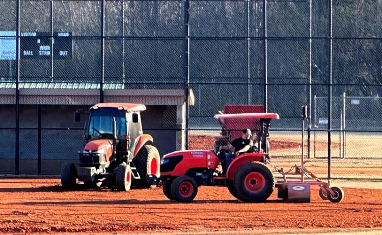 Workers spruce up the youth ballfields in Clarkesville to get them ready for the beginning of youth baseball and softball seasons next week. HABERSHAM COUNTY/Submitted
