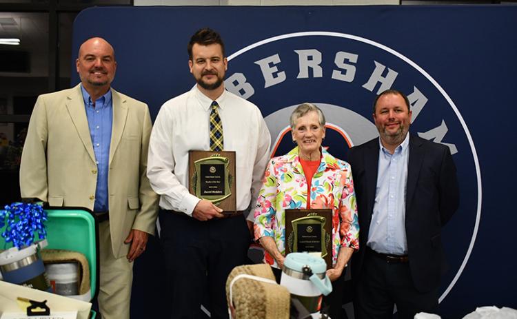 Shown (from left) at Thursday’s banquet are Superintendent Matthew Cooper, Teacher of the Year Daniel Medders, Support Person of the Year Linda Garrett and Assistant Superintendent Patrick Franklin. JULIANNE AKERS/Staff