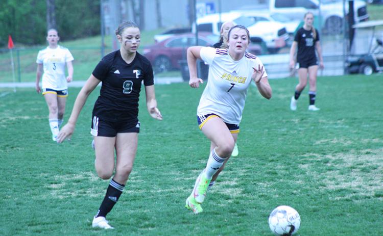 Tallulah Falls striker Bailey Crumley dribbles around a defender on her way to scoring the Lady Indians’ first goal in a 2-1 win over Prince Avenue Christian. GREG FINAN JR./Special